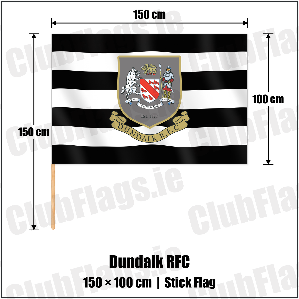 Dundalk RFC 100cm x 150cm Stick Flag with the club crest and colours, Louth Rugby - ClubFlags.ie