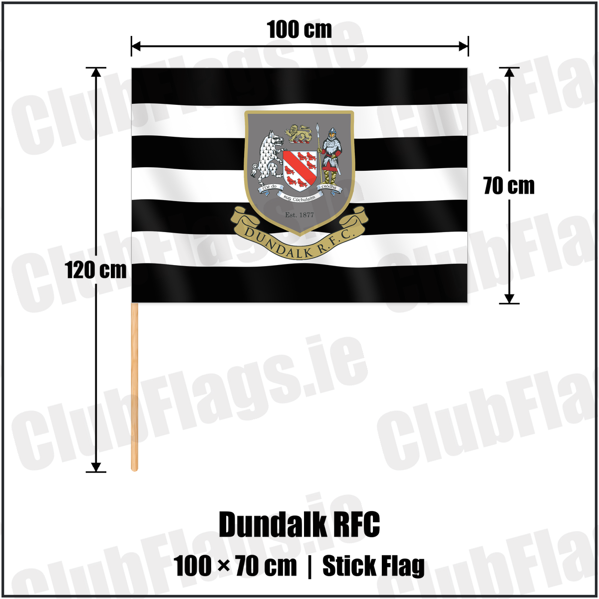 Dundalk RFC 70cm x 100cm Stick Flag with the club crest and colours, Louth Rugby - ClubFlags.ie