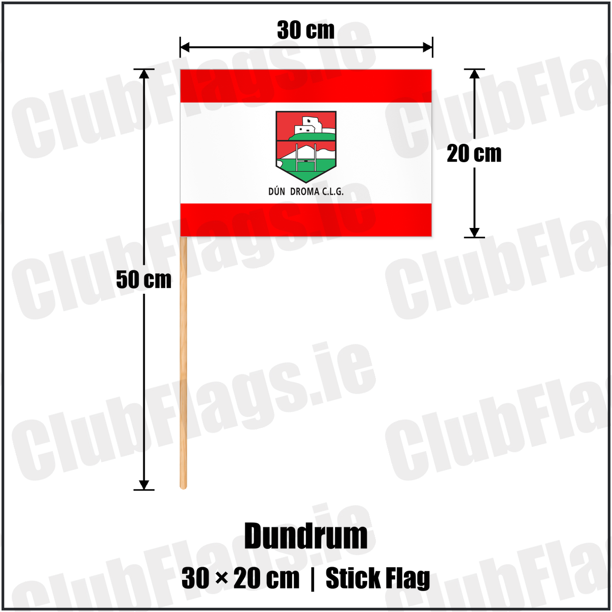 Dundrum 20cm x 30cm Stick Flag with the club crest and colours, Down GAA - ClubFlags.ie