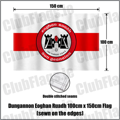 Dungannon Eoghan Ruadh 100cm x 150cm Flag (sewn on the edges) in white and red, featuring the club crest on realistic fabric with gentle vertical folds; County Tyrone GAA. ClubFlags.ie.