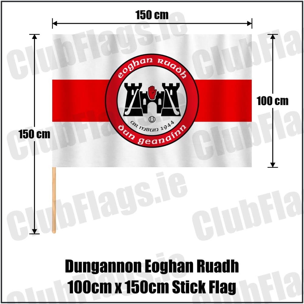 Dungannon Eoghan Ruadh 100cm x 150cm Stick Flag in white and red, featuring the club crest on realistic fabric with gentle vertical folds; County Tyrone GAA. ClubFlags.ie.