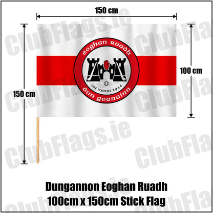 Dungannon Eoghan Ruadh 100cm x 150cm Stick Flag in white and red, featuring the club crest on realistic fabric with gentle vertical folds; County Tyrone GAA. ClubFlags.ie.