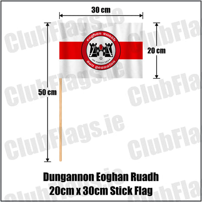 Dungannon Eoghan Ruadh 20cm x 30cm Stick Flag in white and red, featuring the club crest on realistic fabric with gentle vertical folds; County Tyrone GAA. ClubFlags.ie.