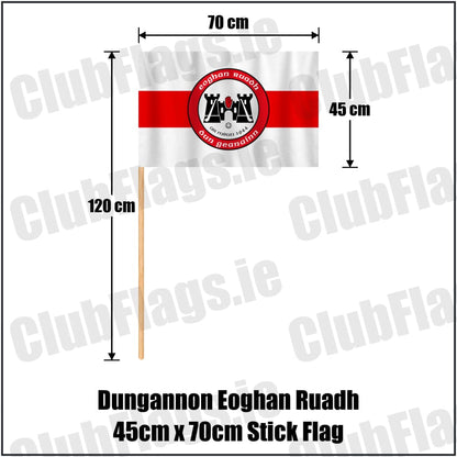 Dungannon Eoghan Ruadh 45cm x 70cm Stick Flag in white and red, featuring the club crest on realistic fabric with gentle vertical folds; County Tyrone GAA. ClubFlags.ie.