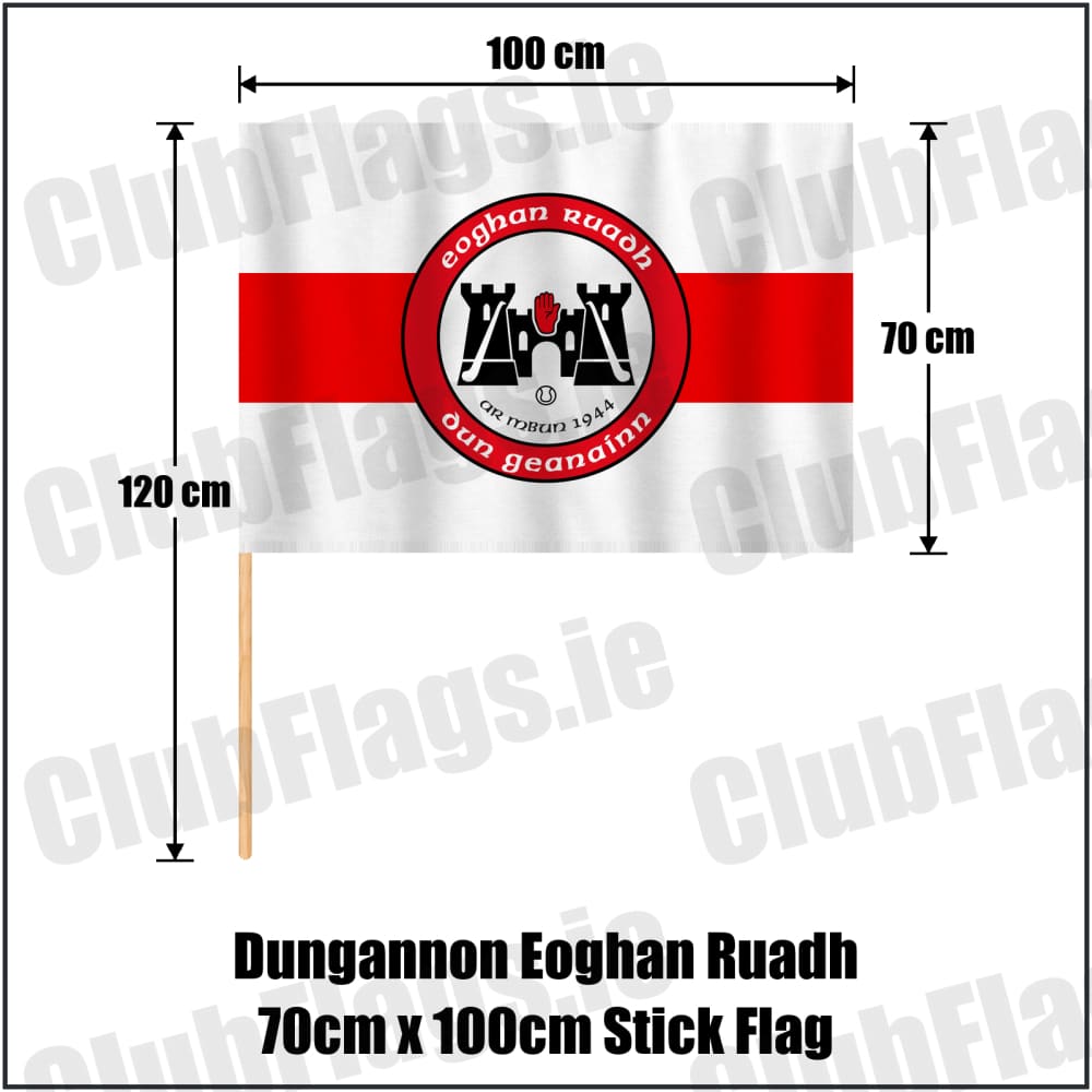 Dungannon Eoghan Ruadh 70cm x 100cm Stick Flag in white and red, featuring the club crest on realistic fabric with gentle vertical folds; County Tyrone GAA. ClubFlags.ie.
