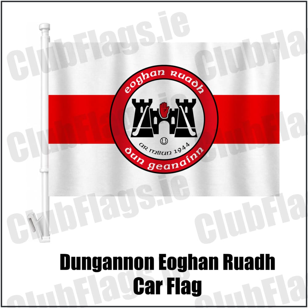 Dungannon Eoghan Ruadh Car Flag in white and red, featuring the club crest on realistic fabric with gentle vertical folds; County Tyrone GAA. ClubFlags.ie.