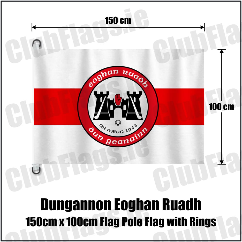 Dungannon Eoghan Ruadh 150cm x 100cm Flag Pole Flag with Rings in white and red, featuring the club crest on realistic fabric with gentle vertical folds; County Tyrone GAA. ClubFlags.ie.