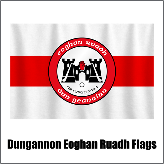 Dungannon Eoghan Ruadh Flags, featuring the club crest and white and red colours; County Tyrone GAA. ClubFlags.ie.