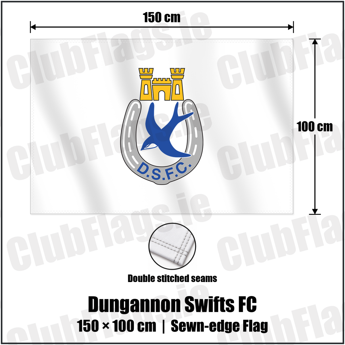 Dungannon Swifts FC 100cm x 150cm Flag (sewn on the edges) with the club crest and colours, Tyrone Football - ClubFlags.ie