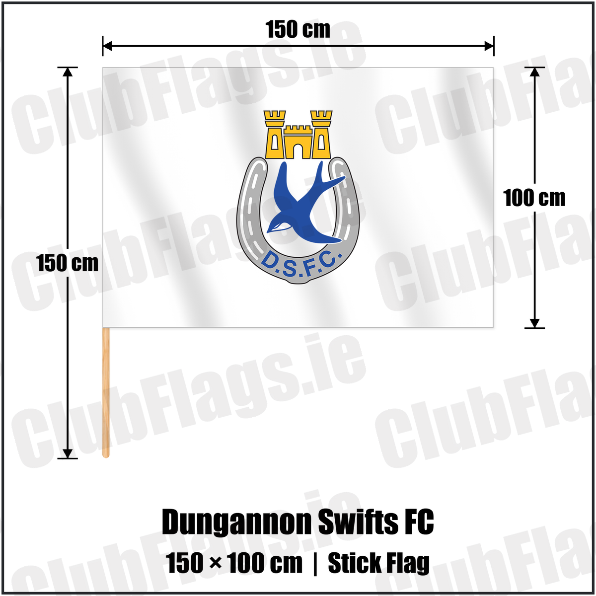 Dungannon Swifts FC 100cm x 150cm Stick Flag with the club crest and colours, Tyrone Football - ClubFlags.ie