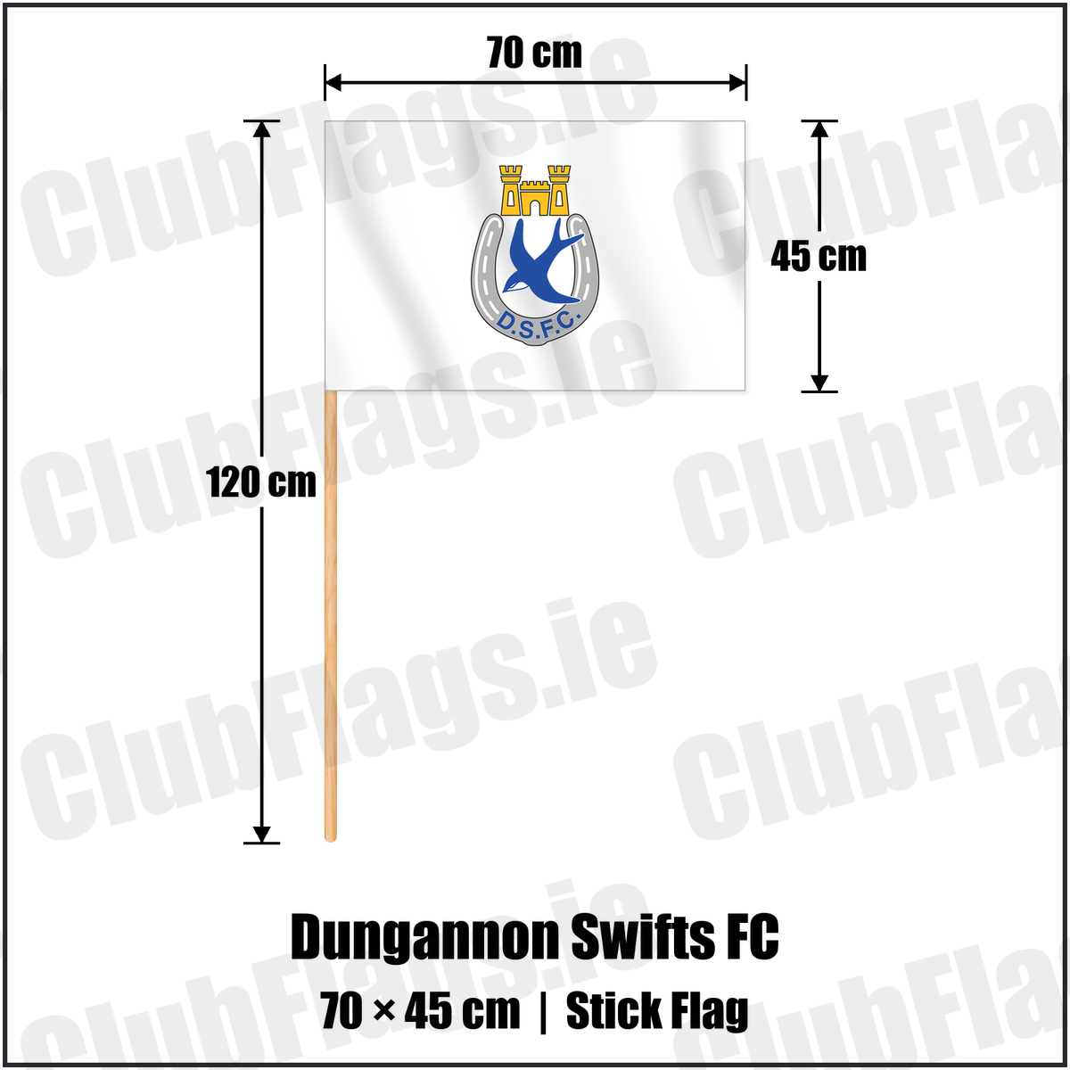 Dungannon Swifts FC 45cm x 70cm Stick Flag with the club crest and colours, Tyrone Football - ClubFlags.ie