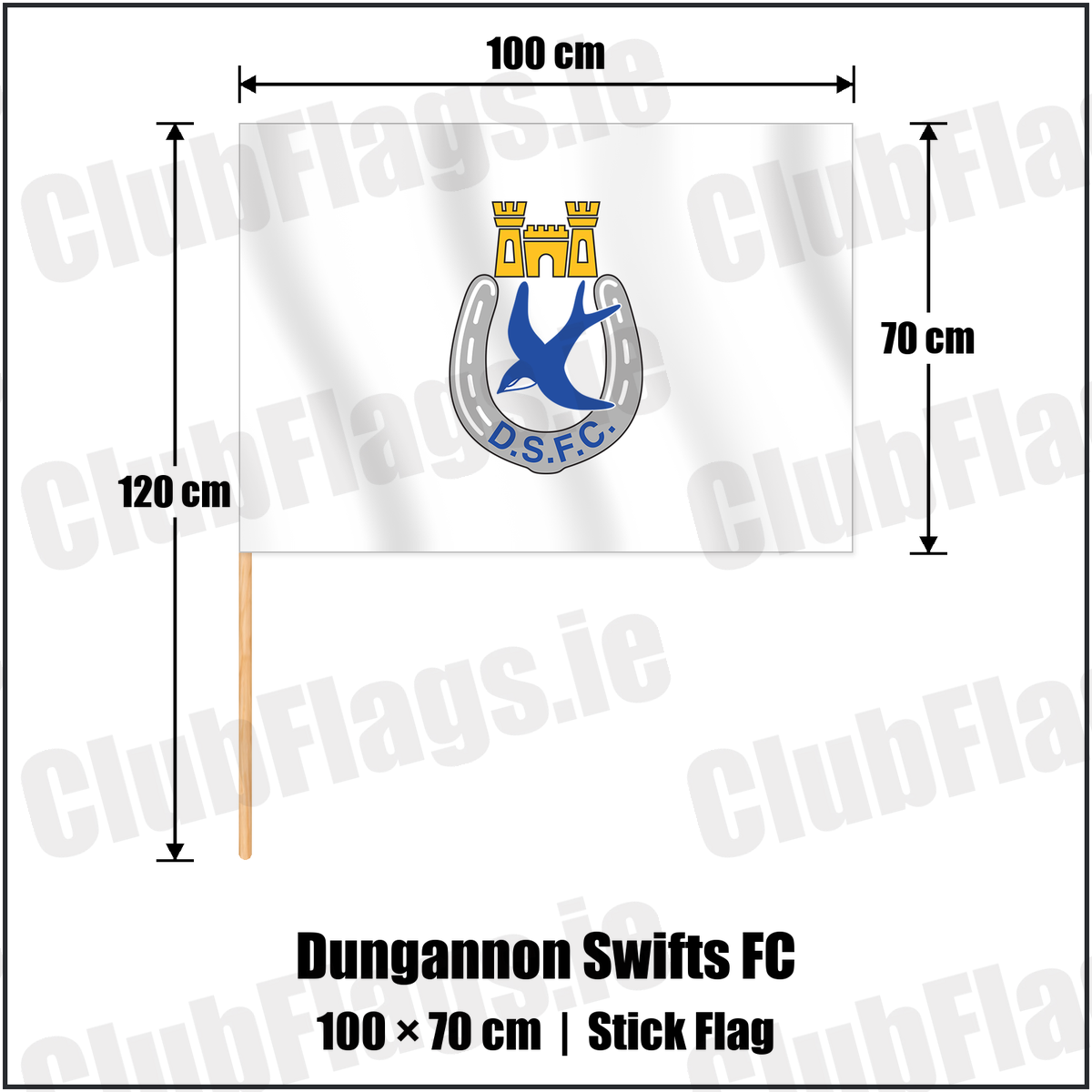 Dungannon Swifts FC 70cm x 100cm Stick Flag with the club crest and colours, Tyrone Football - ClubFlags.ie