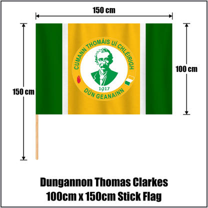 Dungannon Thomas Clarkes 100cm x 150cm Stick Flag, featuring the club crest and green and gold and white colours; County Tyrone GAA. ClubFlags.ie.