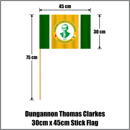 Dungannon Thomas Clarkes 30cm x 45cm Stick Flag, featuring the club crest and green and gold and white colours; County Tyrone GAA. ClubFlags.ie.