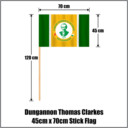 Dungannon Thomas Clarkes 45cm x 70cm Stick Flag, featuring the club crest and green and gold and white colours; County Tyrone GAA. ClubFlags.ie.