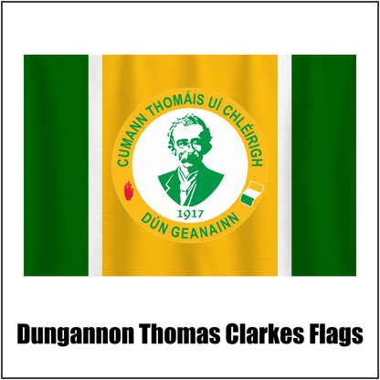 Dungannon Thomas Clarkes Flags, featuring the club crest and green and gold and white colours; County Tyrone GAA. ClubFlags.ie.