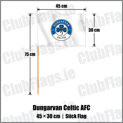Dungarvan Celtic AFC 30cm x 45cm Stick Flag with the club crest and colours, Waterford Football - ClubFlags.ie