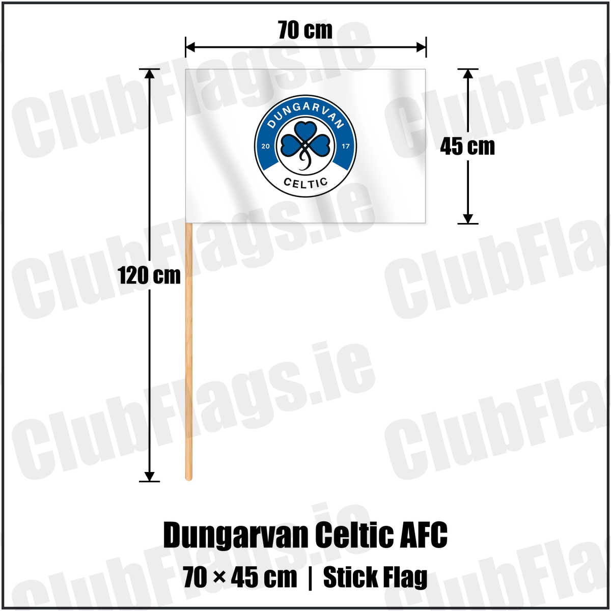 Dungarvan Celtic AFC 45cm x 70cm Stick Flag with the club crest and colours, Waterford Football - ClubFlags.ie