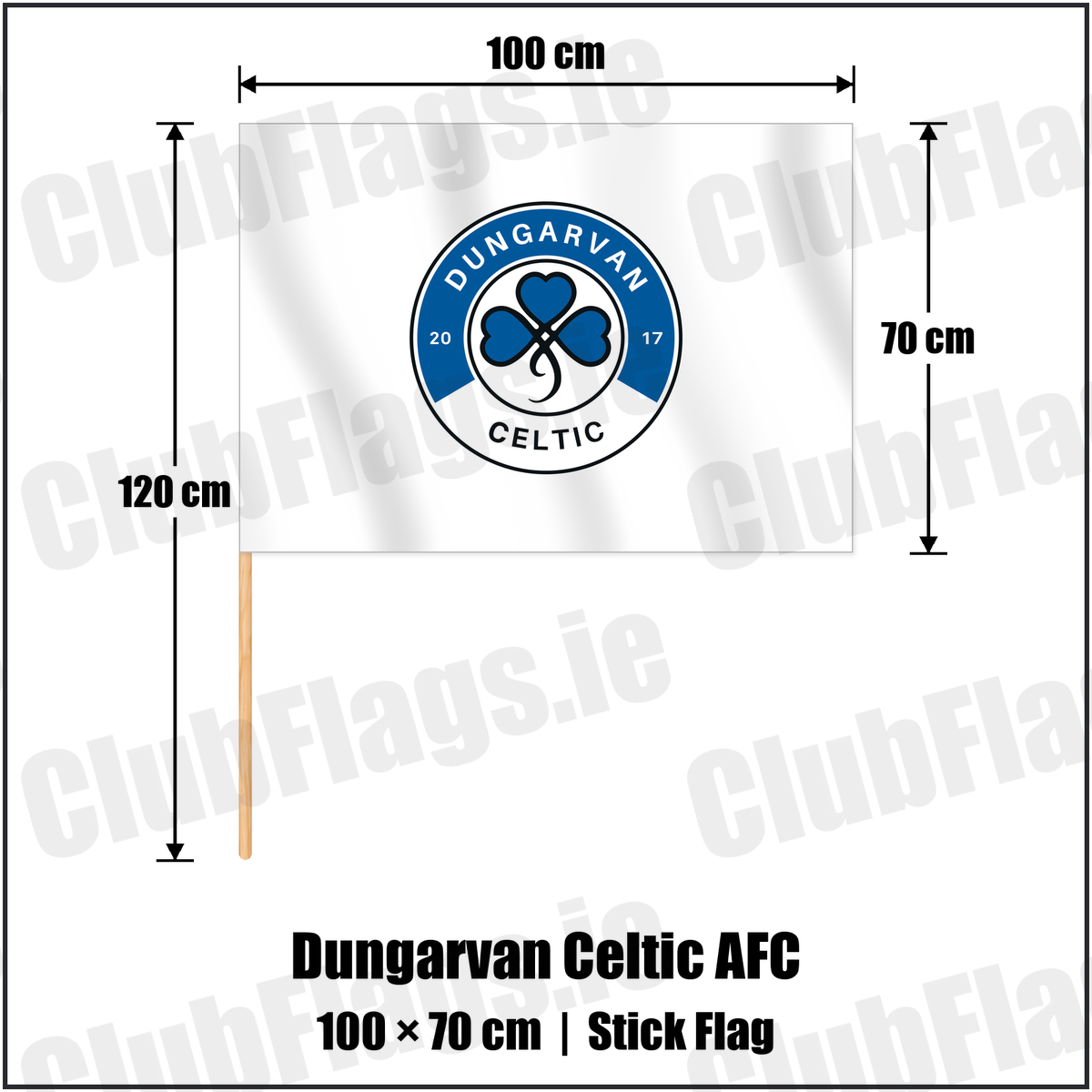 Dungarvan Celtic AFC 70cm x 100cm Stick Flag with the club crest and colours, Waterford Football - ClubFlags.ie