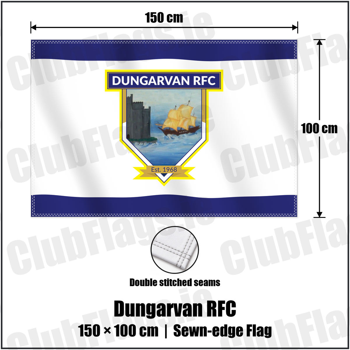 Dungarvan RFC 100cm x 150cm Flag (sewn on the edges) with the club crest and colours, Waterford Rugby - ClubFlags.ie