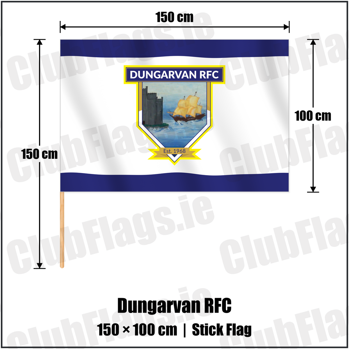 Dungarvan RFC 100cm x 150cm Stick Flag with the club crest and colours, Waterford Rugby - ClubFlags.ie