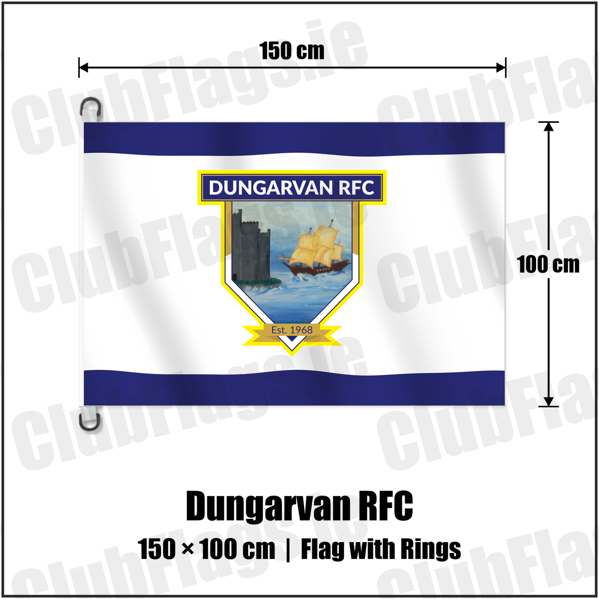 Dungarvan RFC 150cm x 100cm Flag Pole Flag with Rings with the club crest and colours, Waterford Rugby - ClubFlags.ie