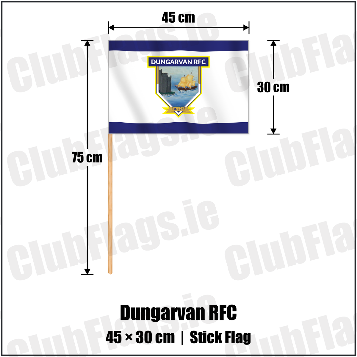 Dungarvan RFC 30cm x 45cm Stick Flag with the club crest and colours, Waterford Rugby - ClubFlags.ie