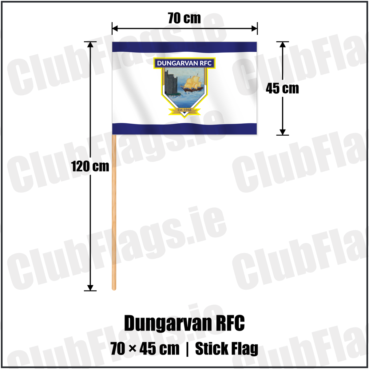 Dungarvan RFC 45cm x 70cm Stick Flag with the club crest and colours, Waterford Rugby - ClubFlags.ie