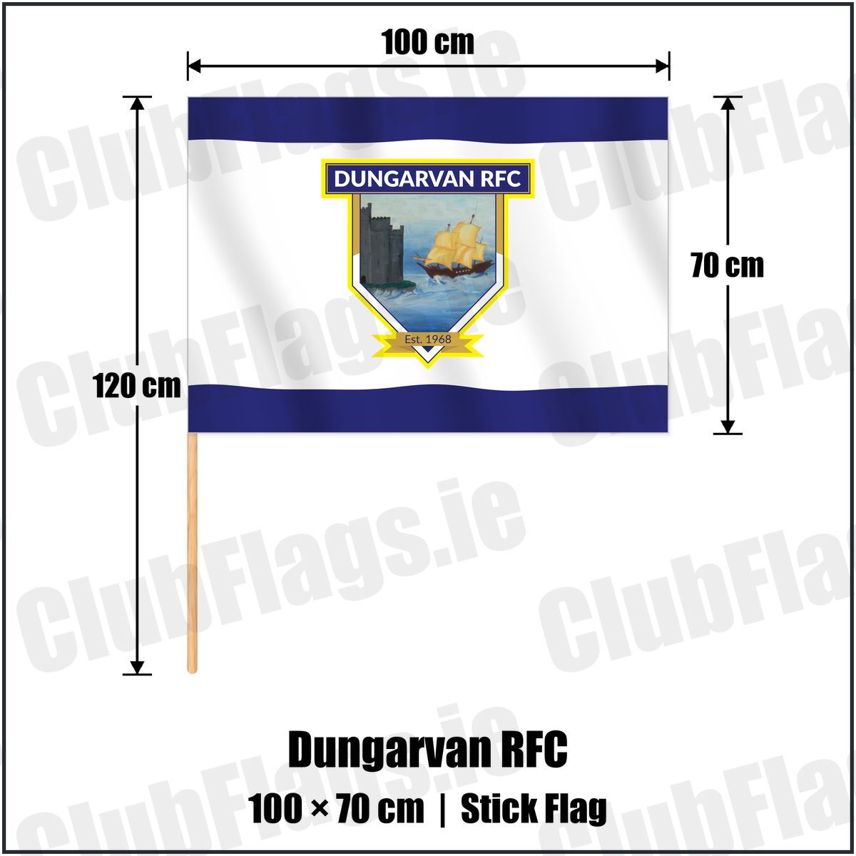Dungarvan RFC 70cm x 100cm Stick Flag with the club crest and colours, Waterford Rugby - ClubFlags.ie
