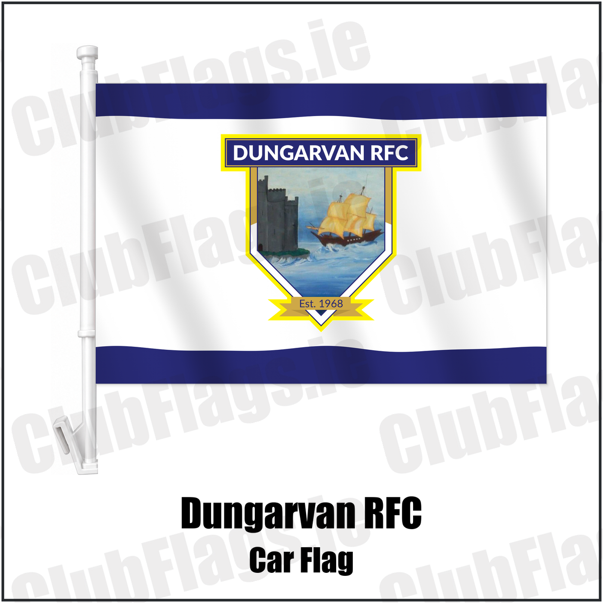 Dungarvan RFC Car Flag with the club crest and colours, Waterford Rugby - ClubFlags.ie