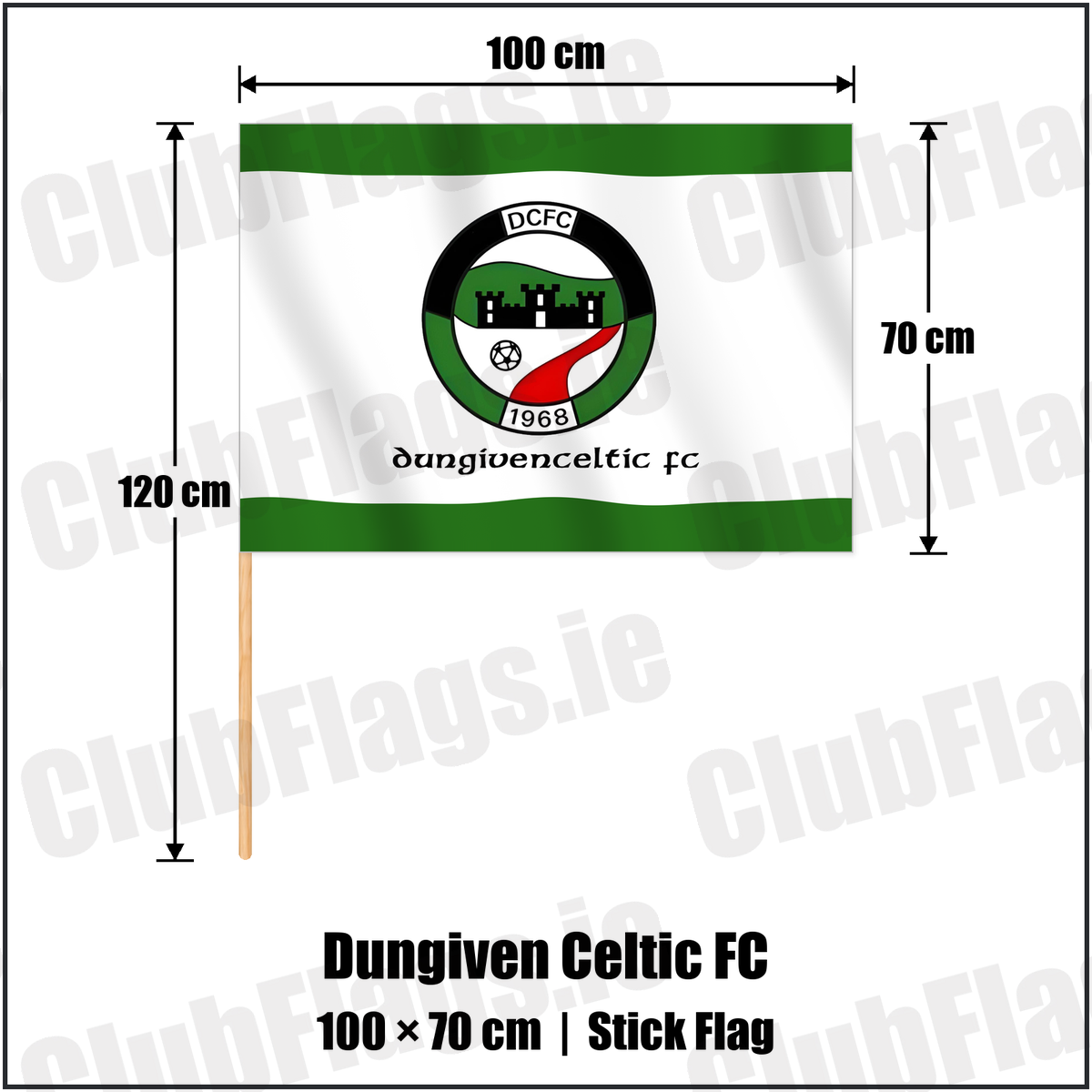 Dungiven Celtic FC 70cm x 100cm Stick Flag with the club crest and colours, Derry Football - ClubFlags.ie