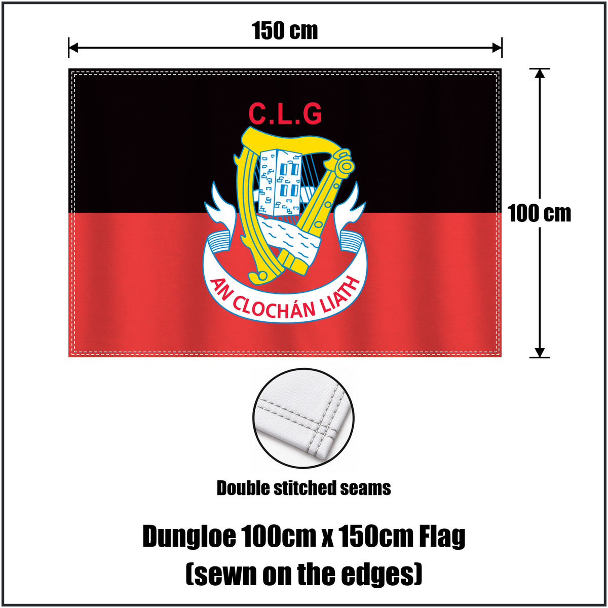 Dungloe 100cm x 150cm Flag (sewn on the edges), featuring the club crest and black and red colours; County Donegal GAA. ClubFlags.ie.