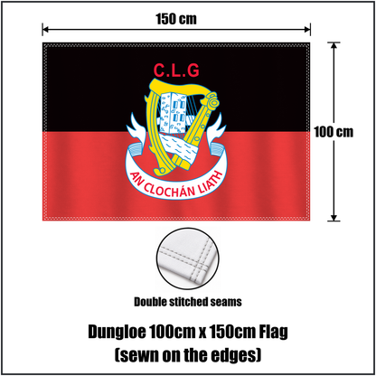 Dungloe 100cm x 150cm Flag (sewn on the edges), featuring the club crest and black and red colours; County Donegal GAA. ClubFlags.ie.
