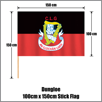 Dungloe 100cm x 150cm Stick Flag, featuring the club crest and black and red colours; County Donegal GAA. ClubFlags.ie.