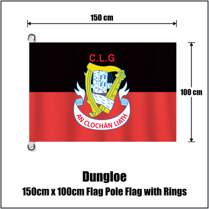 Dungloe 150cm x 100cm Flag Pole Flag with Rings, featuring the club crest and black and red colours; County Donegal GAA. ClubFlags.ie.
