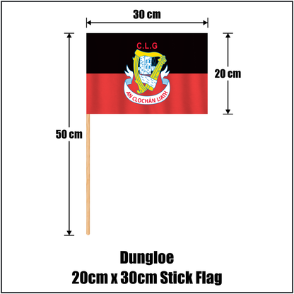 Dungloe 20cm x 30cm Stick Flag, featuring the club crest and black and red colours; County Donegal GAA. ClubFlags.ie.