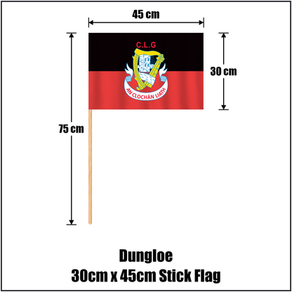 Dungloe 30cm x 45cm Stick Flag, featuring the club crest and black and red colours; County Donegal GAA. ClubFlags.ie.