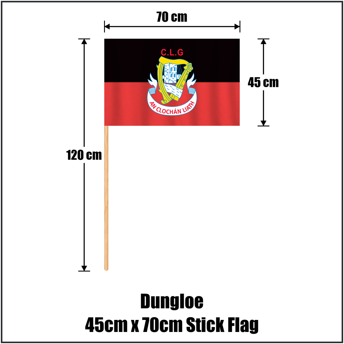 Dungloe 45cm x 70cm Stick Flag, featuring the club crest and black and red colours; County Donegal GAA. ClubFlags.ie.