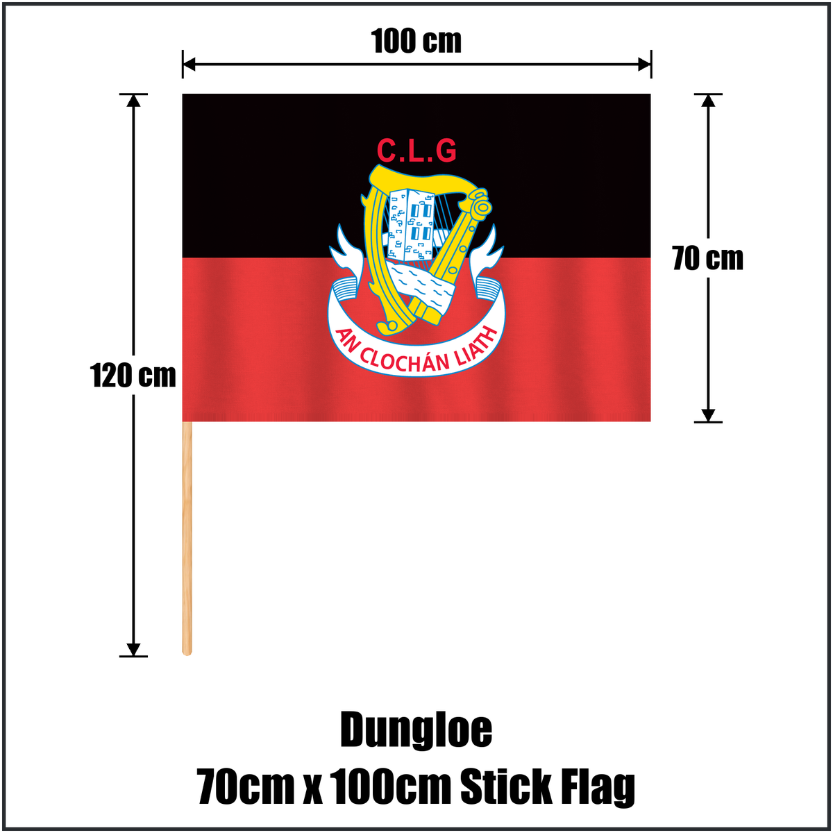 Dungloe 70cm x 100cm Stick Flag, featuring the club crest and black and red colours; County Donegal GAA. ClubFlags.ie.