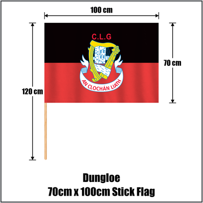 Dungloe 70cm x 100cm Stick Flag, featuring the club crest and black and red colours; County Donegal GAA. ClubFlags.ie.