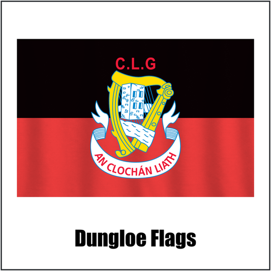 Dungloe Flags, featuring the club crest and black and red colours; County Donegal GAA. ClubFlags.ie.