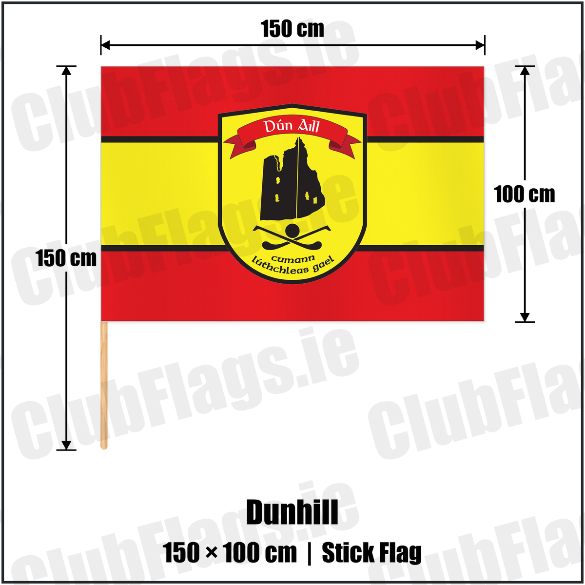 Dunhill 100cm x 150cm Stick Flag with the club crest and colours, Waterford GAA - ClubFlags.ie