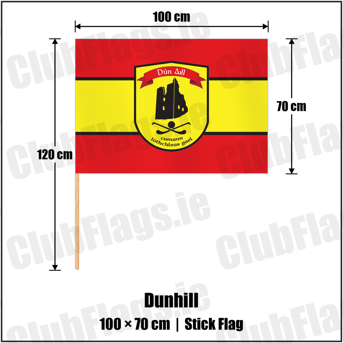 Dunhill 70cm x 100cm Stick Flag with the club crest and colours, Waterford GAA - ClubFlags.ie