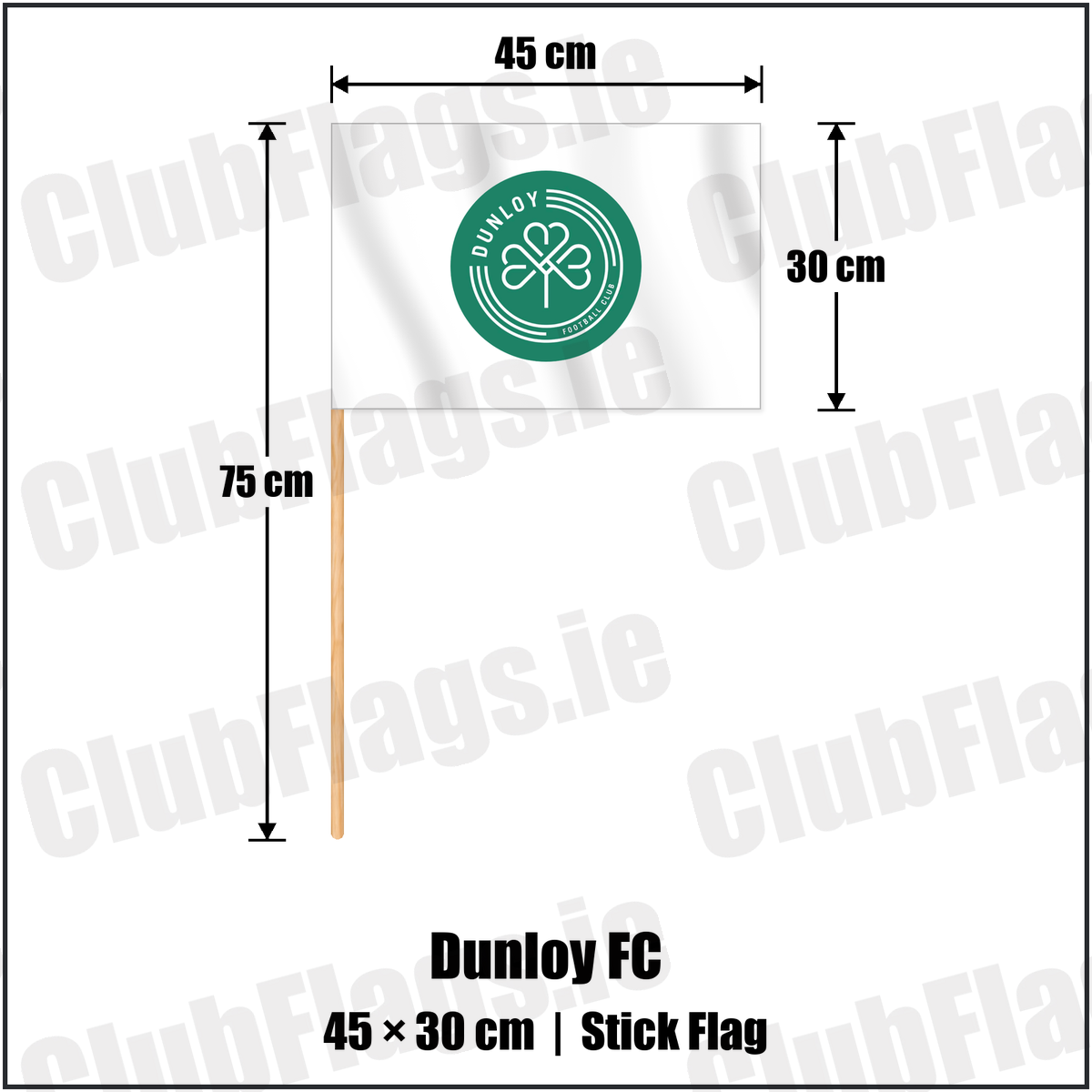 Dunloy FC 30cm x 45cm Stick Flag with the club crest and colours, Antrim Football - ClubFlags.ie