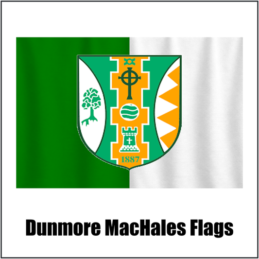 Dunmore MacHales Flags, featuring the club crest and green and white colours; County Galway GAA. ClubFlags.ie.
