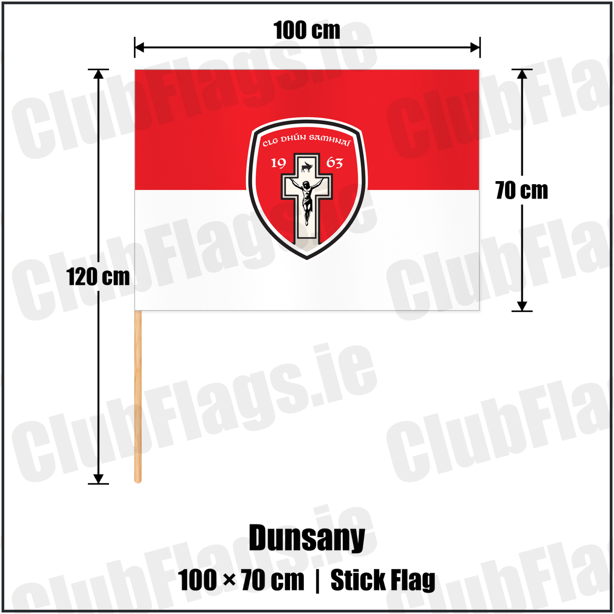 Dunsany 70cm x 100cm Stick Flag with the club crest and colours, Meath GAA - ClubFlags.ie