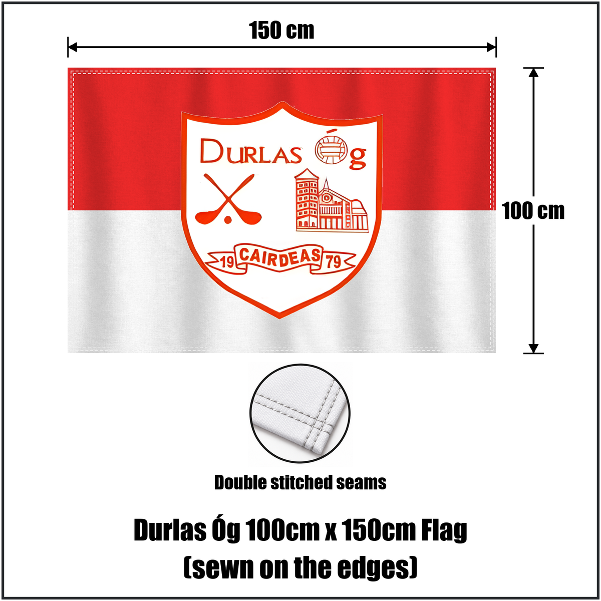 Durlas Óg 100cm x 150cm Flag (sewn on the edges), featuring the club crest and red and white colours; County Tipperary GAA. ClubFlags.ie.