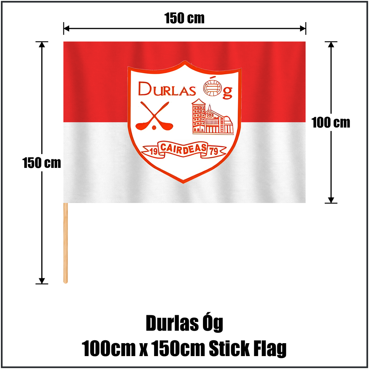 Durlas Óg 100cm x 150cm Stick Flag, featuring the club crest and red and white colours; County Tipperary GAA. ClubFlags.ie.