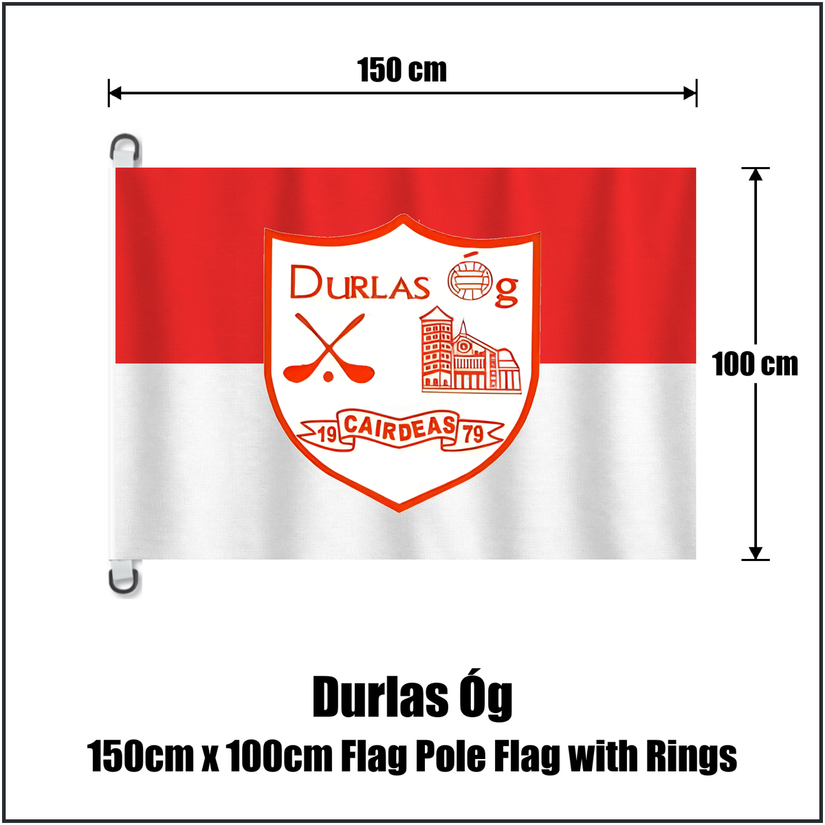 Durlas Óg 150cm x 100cm Flag Pole Flag with Rings, featuring the club crest and red and white colours; County Tipperary GAA. ClubFlags.ie.