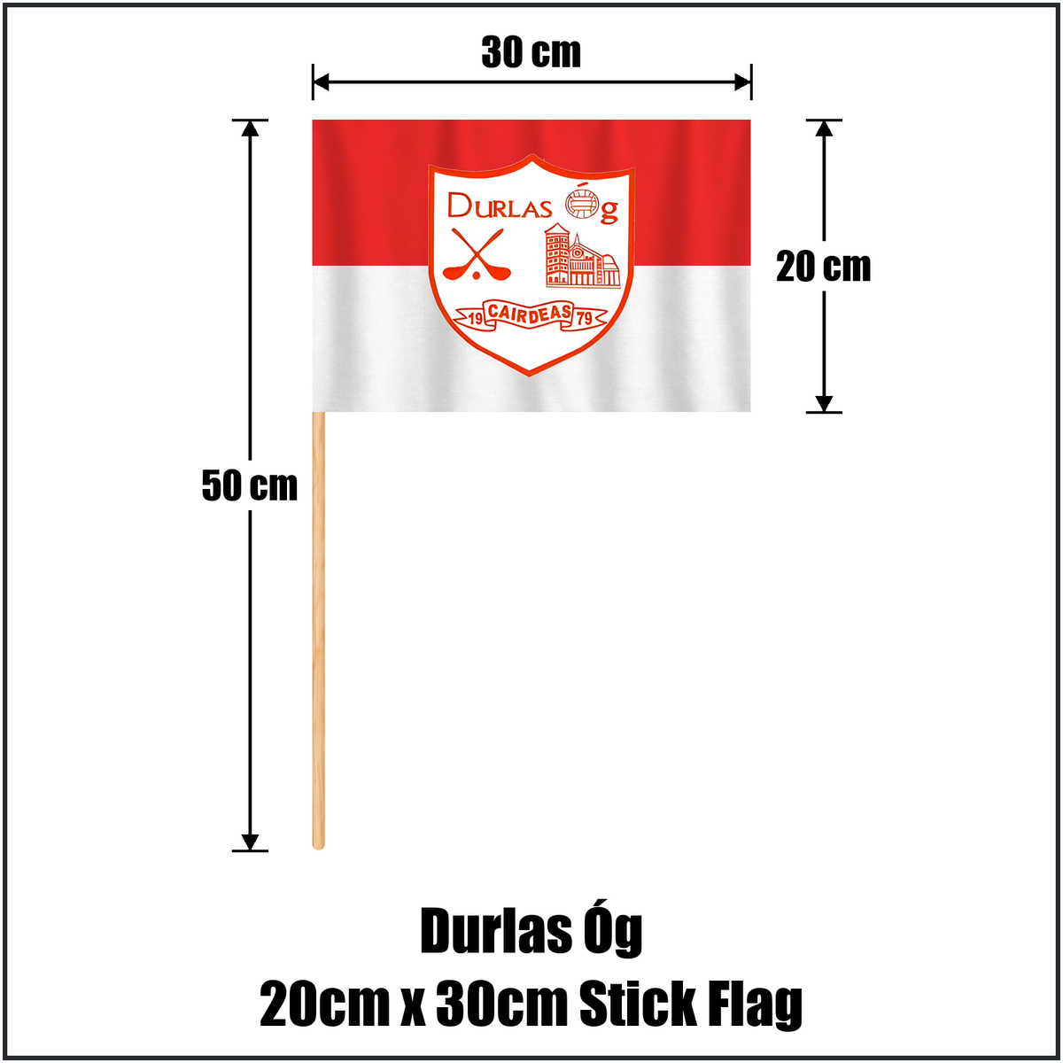 Durlas Óg 20cm x 30cm Stick Flag, featuring the club crest and red and white colours; County Tipperary GAA. ClubFlags.ie.